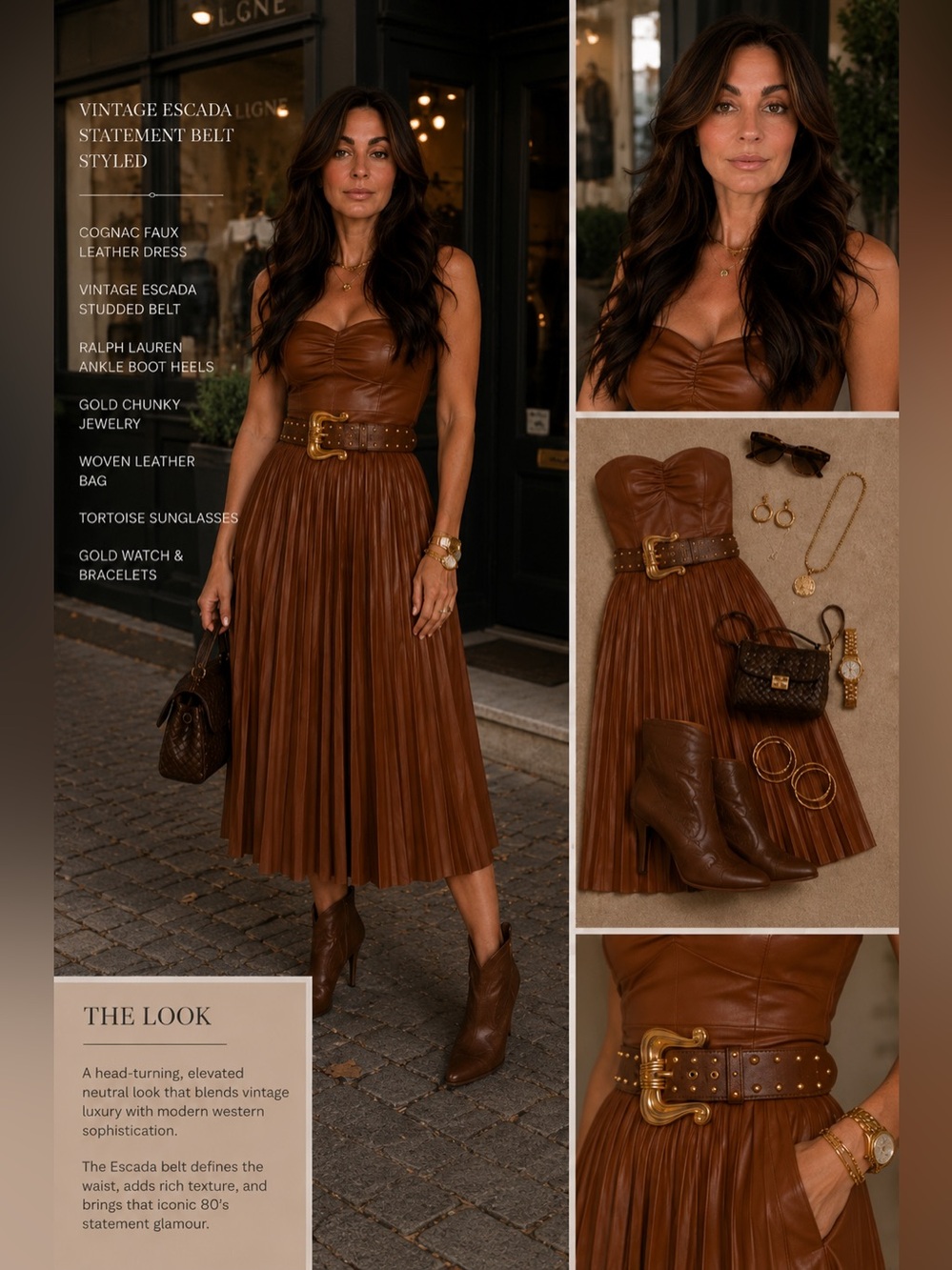 Strapless Brown Pleated Faux Leather Midi Dress